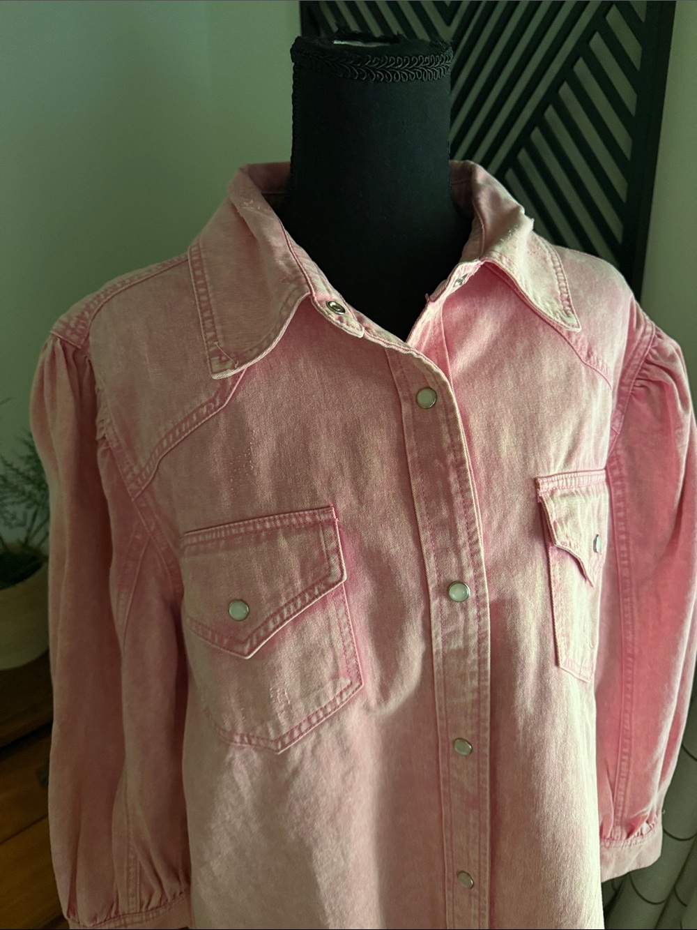 Entro pink canvas 3/4 puff sleeve shirt large - Picture 2 of 12